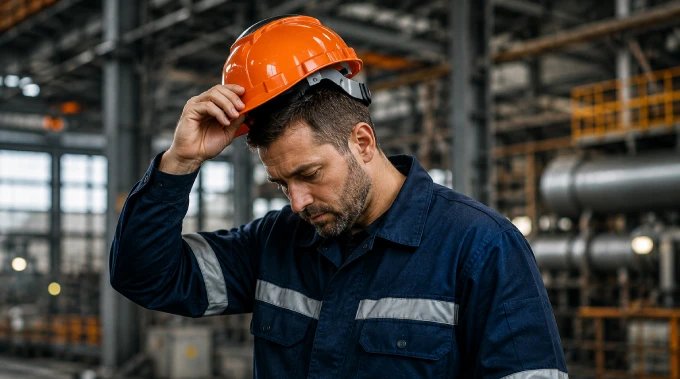 Industrial worker removing his safety helmet