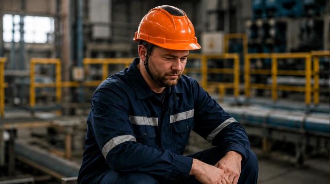 Industrial worker sitting inactive in a factory