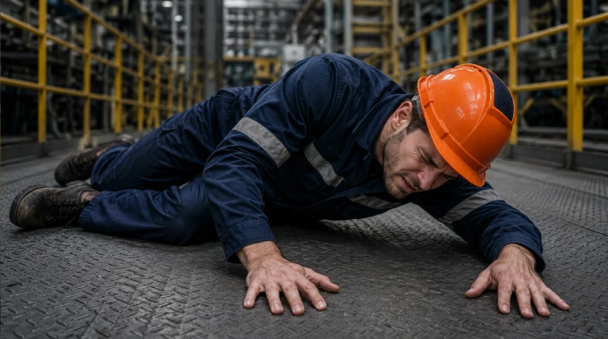 Industrial worker lying on the factory floor after a fall