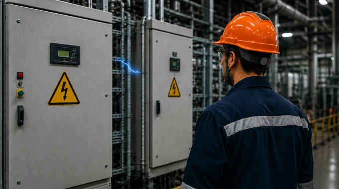 Industrial worker approaching high-voltage electrical cabinets