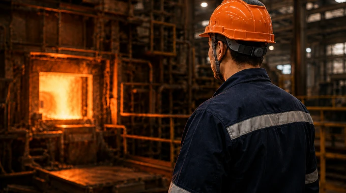Industrial worker near a high-temperature furnace