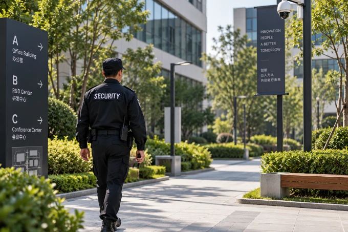 Security officer patrolling a modern office campus